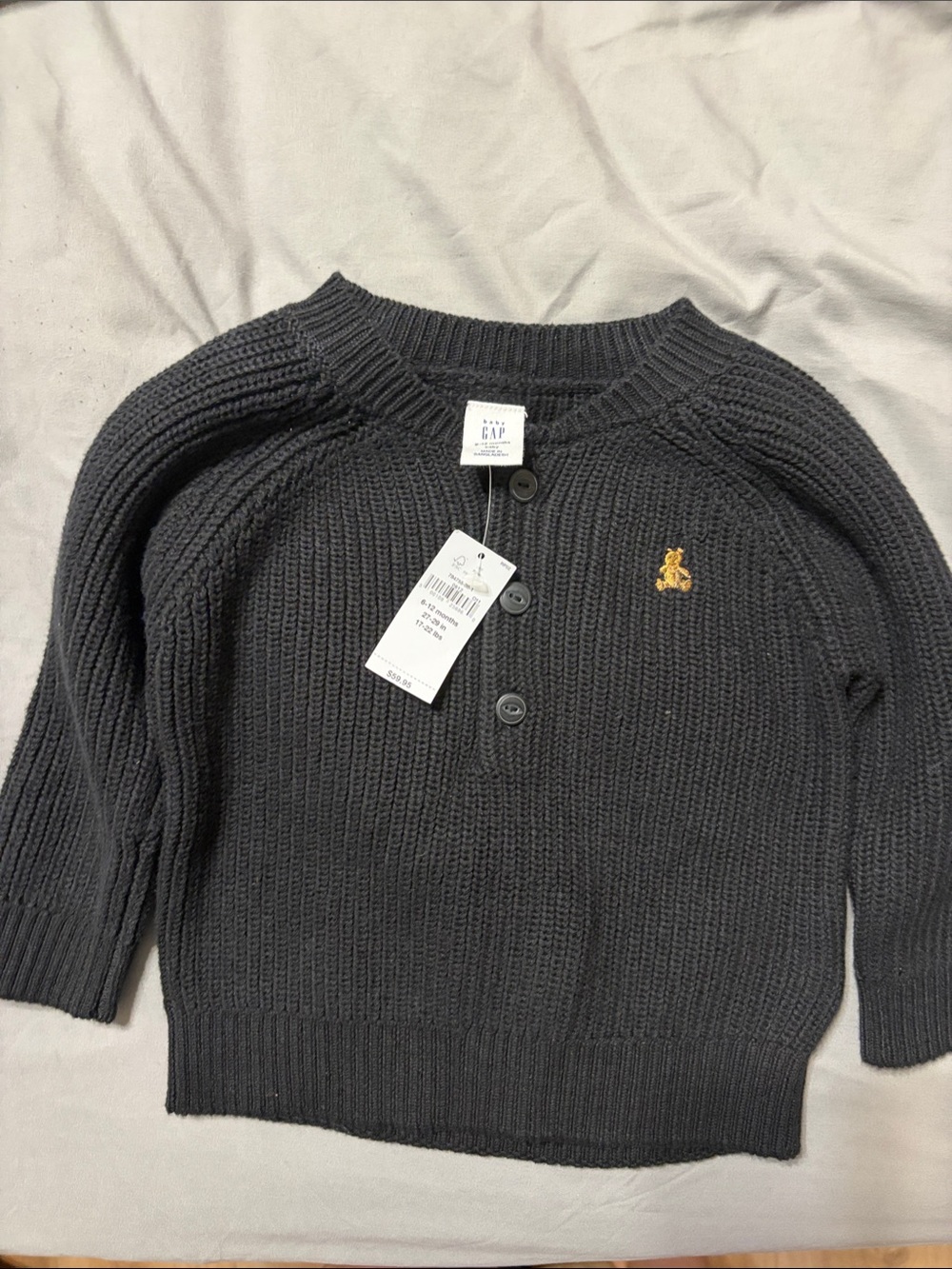 GAP kids Charcoal Knit Button Cardigan with Gold Embroidered Emblem
